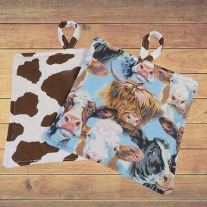Handmade Potholder, Set of 2, Reversible Cows and Cow Print Hot Pads